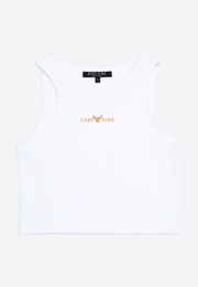 High Neck White Crop Top – Full Front View on Plain Background – East Vibe